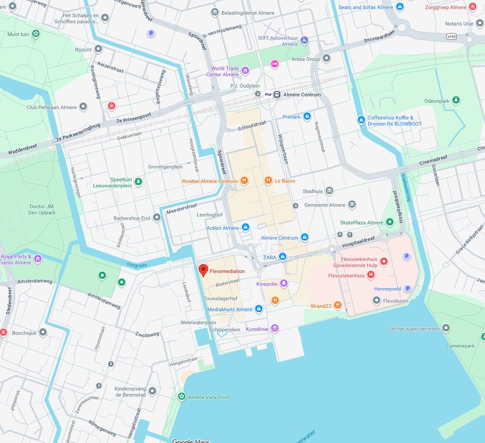 Plattegrond met de locatie van Flevomediation aan de Olstgracht 39 in Almere